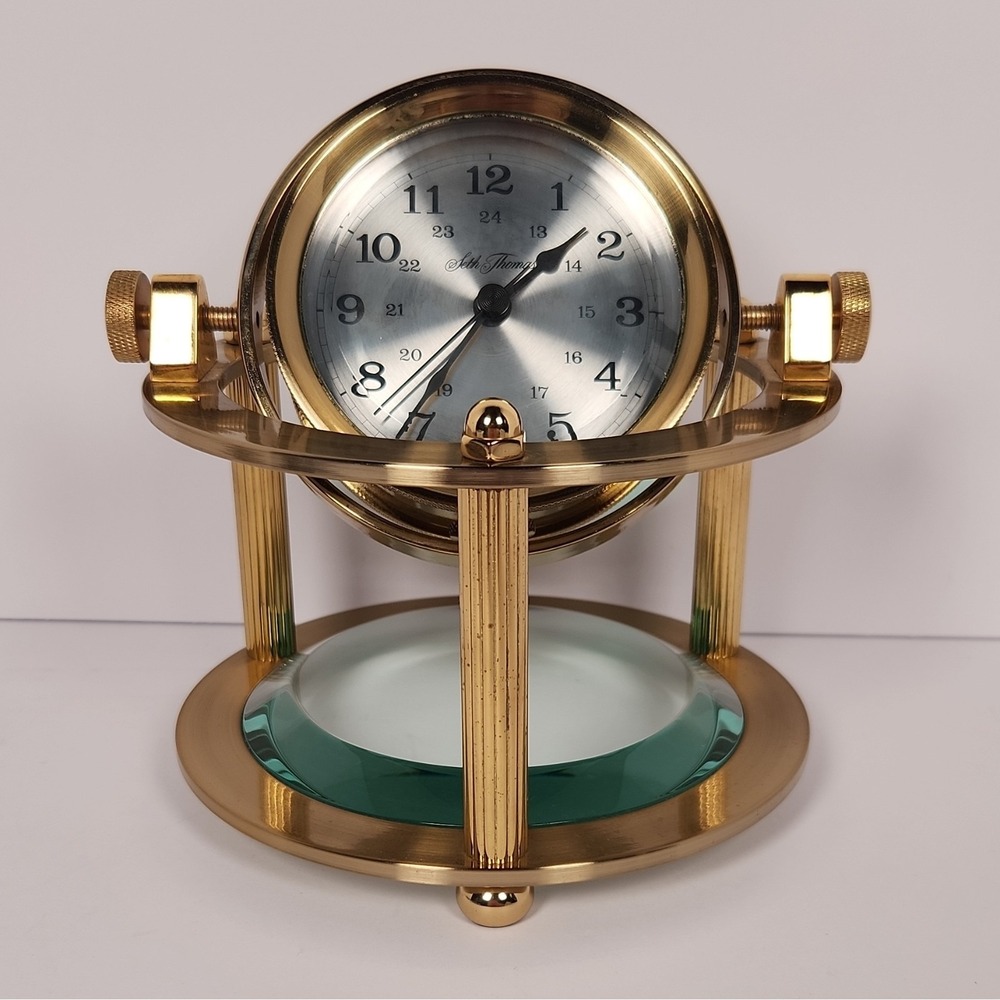 Vintage Seth Thomas Brass Gimbal Schooner Desk Clock Model 1044 - WORKING!